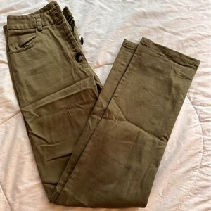 Army green straight leg pant with button closure